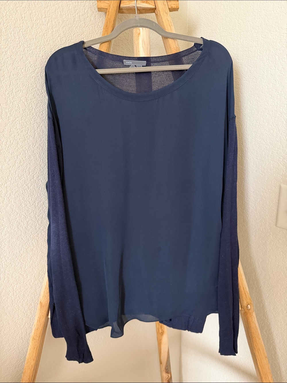Vince Navy Mixed-Fabric Long Sleeve Top